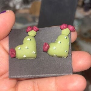 Green Heart Cactus Earrings with Pink flowers Accents